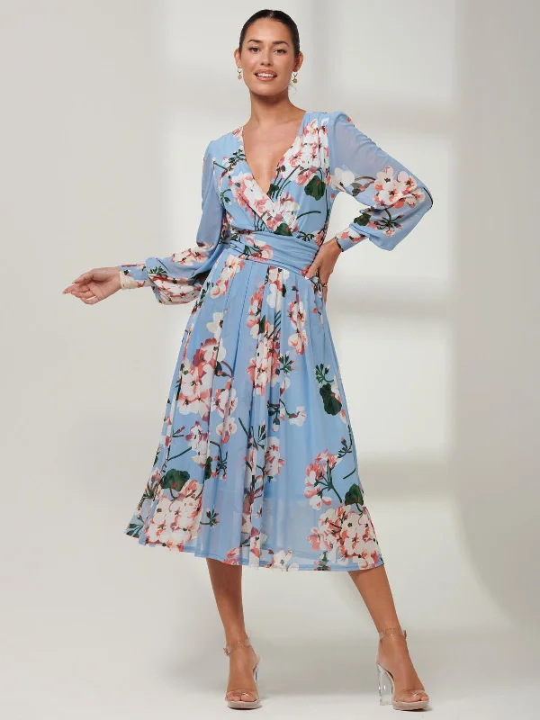 Midi dresses with ruffled bodices for a more pronounced feminine lookJolie Moi Jasmine Long Sleeve Mesh Dress, Blue Floral Midi dresses with ruffled bodices for a more pronounced feminine lookJolie Moi Jasmine Long Sleeve Mesh Dress, Blue Floral