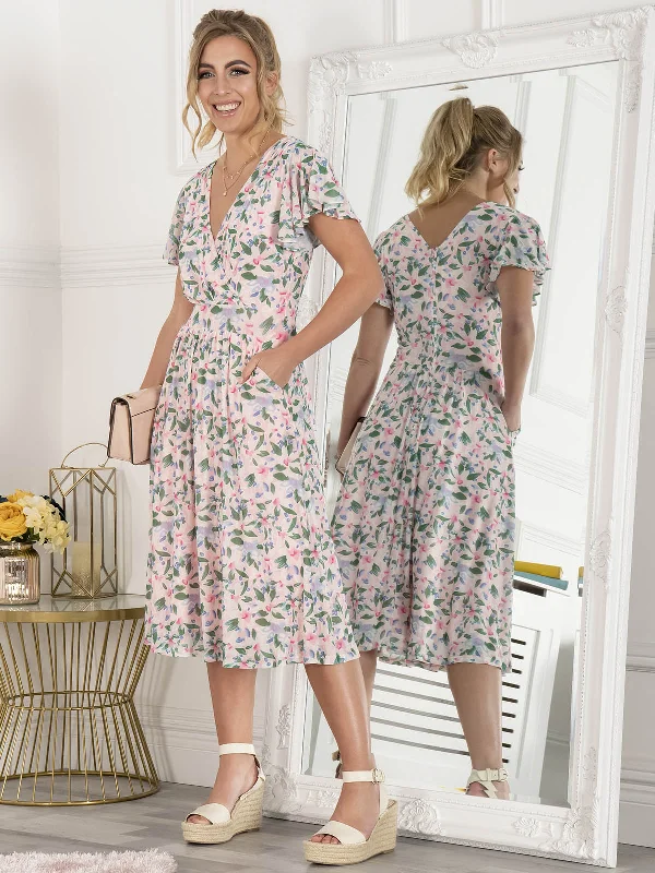 Jolie Moi Kaylynn Wrap Mesh Dress, Pink Floral