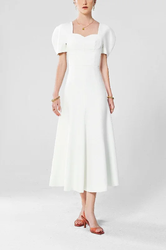 Joy A-line Semi-Heart Neck Wool Twill Midi Dress