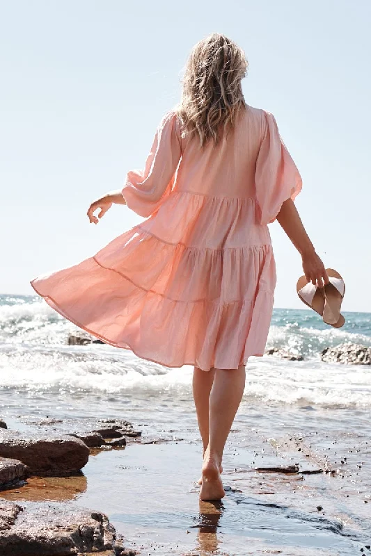 Midi dresses with button - down skirts for a unique and functional designKehlana Tiered Smock Dress In Blush Midi dresses with button - down skirts for a unique and functional designKehlana Tiered Smock Dress In Blush