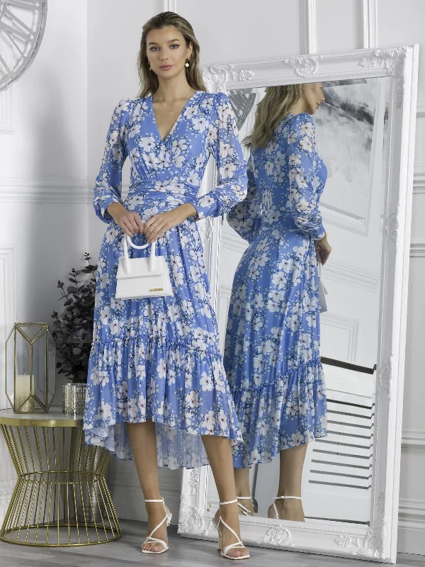 Lilianna Mesh Long Sleeve Tiered Hem Dress, Blue Floral