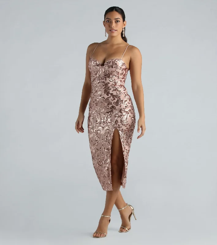 Meilani Formal Sequin Scroll Slit Midi Dress