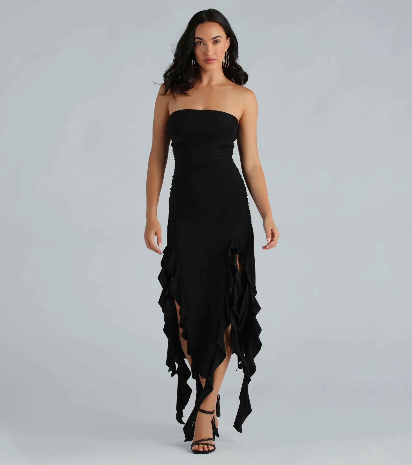 Moments Like This Strapless Ruffled Midi Dress