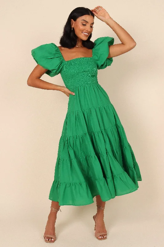 Midi dresses with abstract art prints for an artistic statementMorgan Tiered Dress - Green Midi dresses with abstract art prints for an artistic statementMorgan Tiered Dress - Green