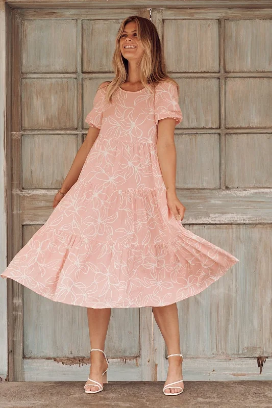 Midi dresses with embroidered accents for a unique and detailed designNevi Tiered Midi Dress In Pink Floral
