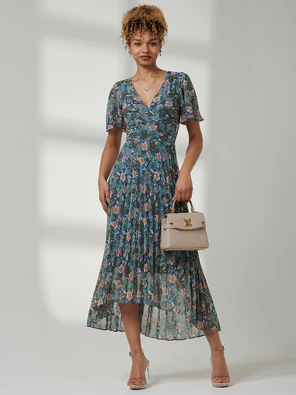 Wrap - style midi dresses in silk for a sophisticated office lookPleated Chiffon High Low Maxi Dress, Teal Floral Wrap - style midi dresses in silk for a sophisticated office lookPleated Chiffon High Low Maxi Dress, Teal Floral