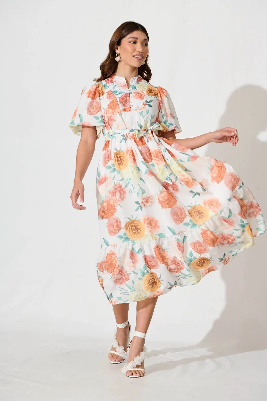 Portofino Midi Dress In White With Rust Floral Cotton Blend