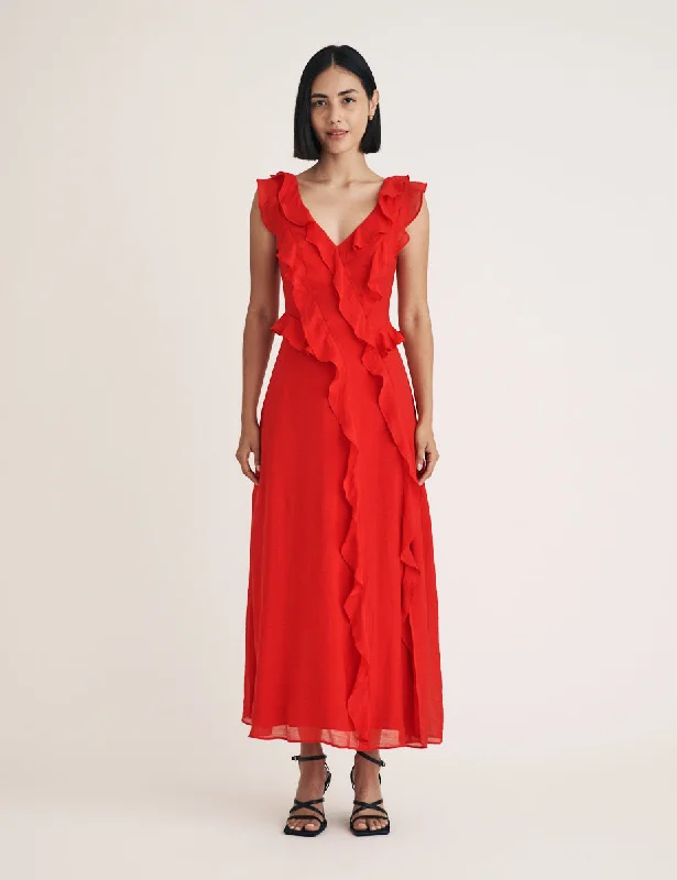 Red Ruffle Violetta Midi Dress