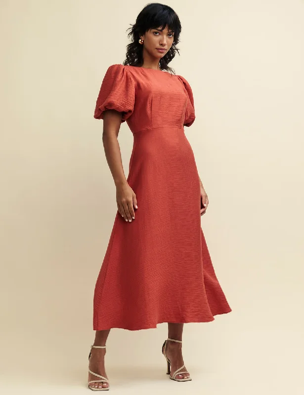 Terracotta Puff Sleeve Zora Midaxi Dress