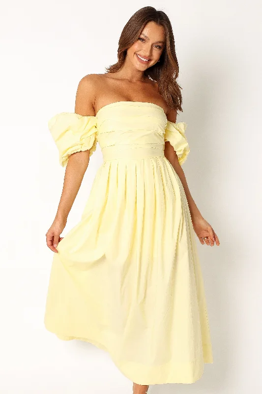 Midi dresses with button - front designs for a classic touchSolana Off Shoulder Midi Dress - Yellow Midi dresses with button - front designs for a classic touchSolana Off Shoulder Midi Dress - Yellow