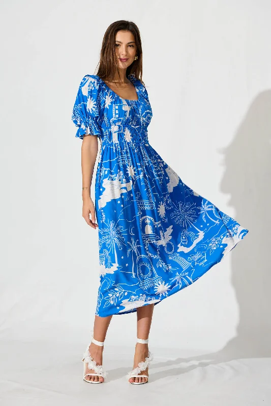 Truly Midi Dress In Blue With White Print