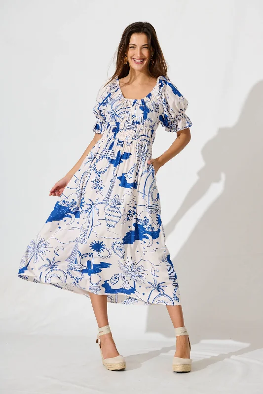 Truly Midi Dress In White With Blue Print