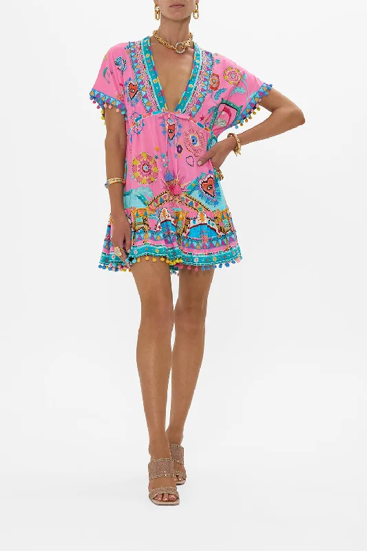 Sheer mini dresses with lace insertsSHORT V NECK EMBROIDERED DRESS RAINBOW ROADS