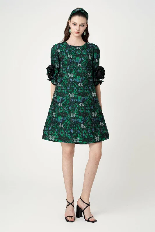 Aarav Trapezoid Flower Applique Brocade Above The Knee Dress