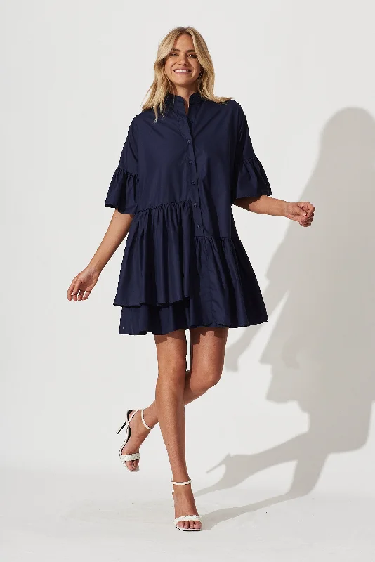 Mini dresses with spaghetti straps for a delicate lookBlaire Smock Dress In Navy Cotton Blend Mini dresses with spaghetti straps for a delicate lookBlaire Smock Dress In Navy Cotton Blend