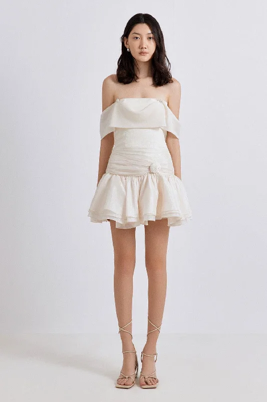 Ruffled mini dresses for a romantic touchCrissi Drop Waist Off-Shoulder Silk Mini Dress Ruffled mini dresses for a romantic touchCrissi Drop Waist Off-Shoulder Silk Mini Dress
