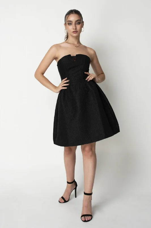 Double Second Black Jacquard Strapless Skater Dress