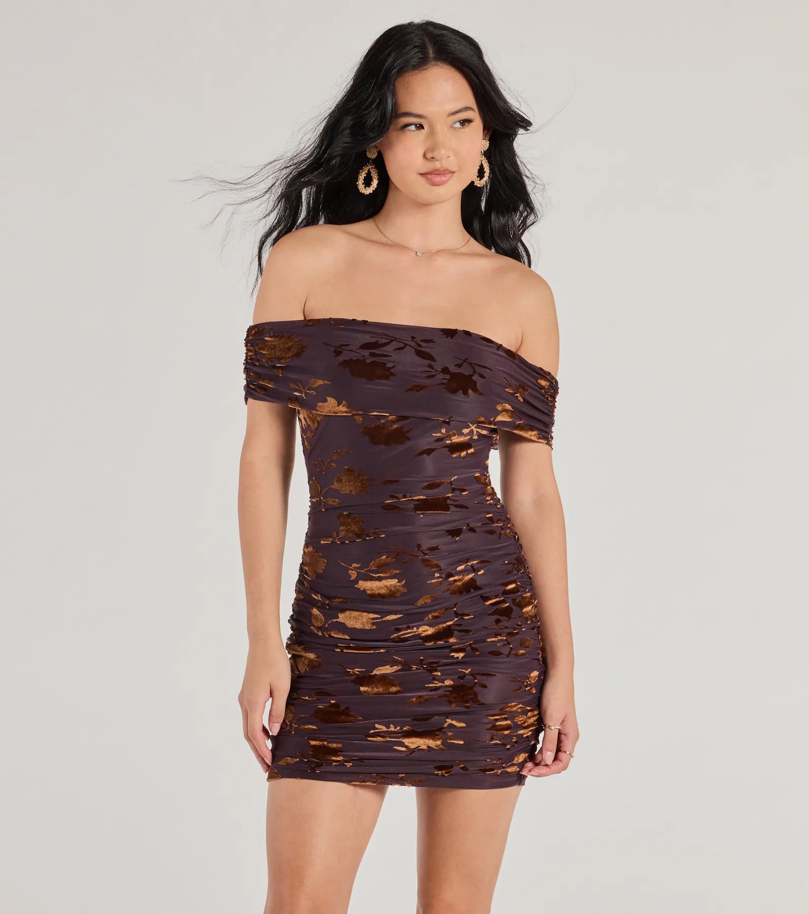 Elegant Romance Flocked Velvet Off The Shoulder Mini Dress