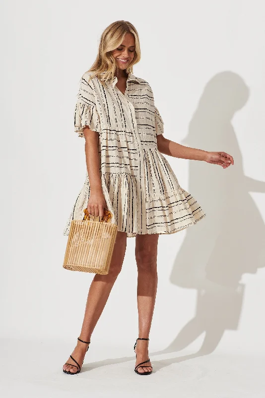 Mini dresses with ribbed textures for a unique appearanceFreya Shirt Dress In Beige With Black Stripe Cotton Mini dresses with ribbed textures for a unique appearanceFreya Shirt Dress In Beige With Black Stripe Cotton