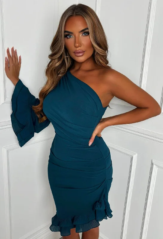 Cotton mini dresses for a comfortable everyday optionFrilled Senorita Teal One Sleeve Ruched Frill Hem Mini Dress Cotton mini dresses for a comfortable everyday optionFrilled Senorita Teal One Sleeve Ruched Frill Hem Mini Dress