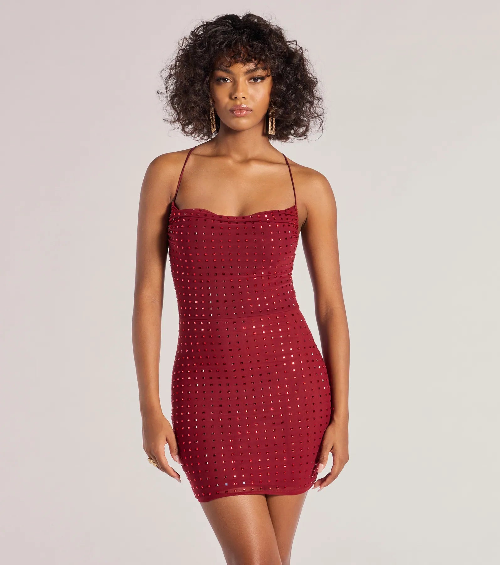 Mini dresses with side slits for a sexy appealGlam Babe Rhinestone Mesh Strappy Back Mini Dress