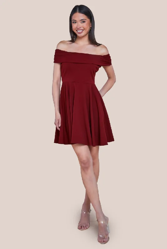 Mini dresses with belted waists for a defined silhouetteGoddiva Bardot Scuba Crepe Skater Mini Dress - Red Mini dresses with belted waists for a defined silhouetteGoddiva Bardot Scuba Crepe Skater Mini Dress - Red