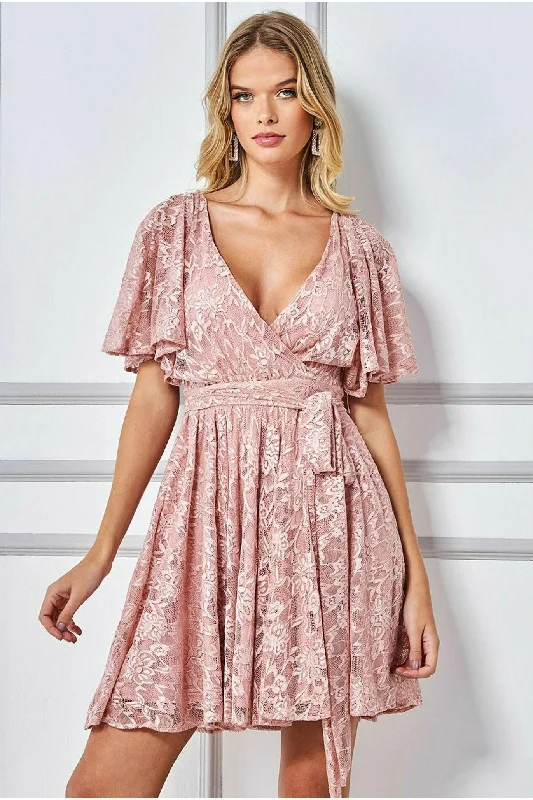 Mini dresses with off - the - shoulder stylesGoddiva Lace Kimono Wrap Skater Mini Dress - Blush Mini dresses with off - the - shoulder stylesGoddiva Lace Kimono Wrap Skater Mini Dress - Blush