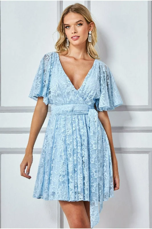 Sequined mini dresses for New Year's EveGoddiva Lace Kimono Wrap Skater Mini Dress - Powder Blue Sequined mini dresses for New Year's EveGoddiva Lace Kimono Wrap Skater Mini Dress - Powder Blue
