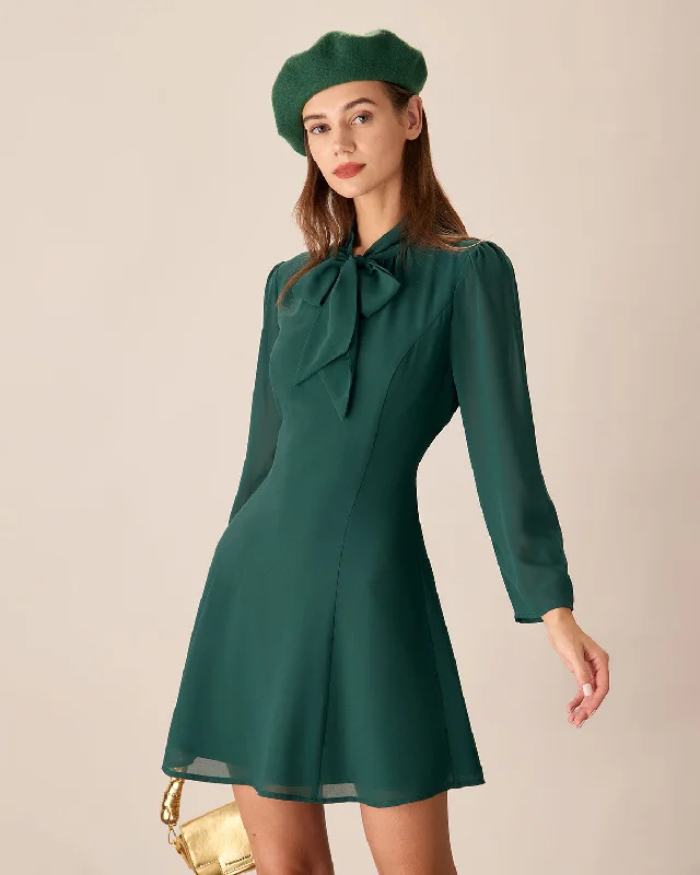 Mini dresses with keyhole necklinesGreen Tie Neck See-Through Mini Dress