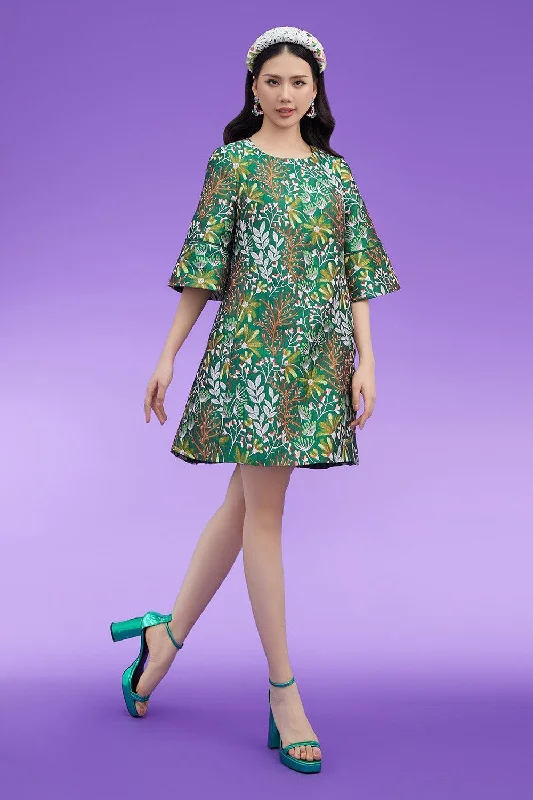 Guerra Trapezoid Flare Sleeved Brocade Above The Knee Dress