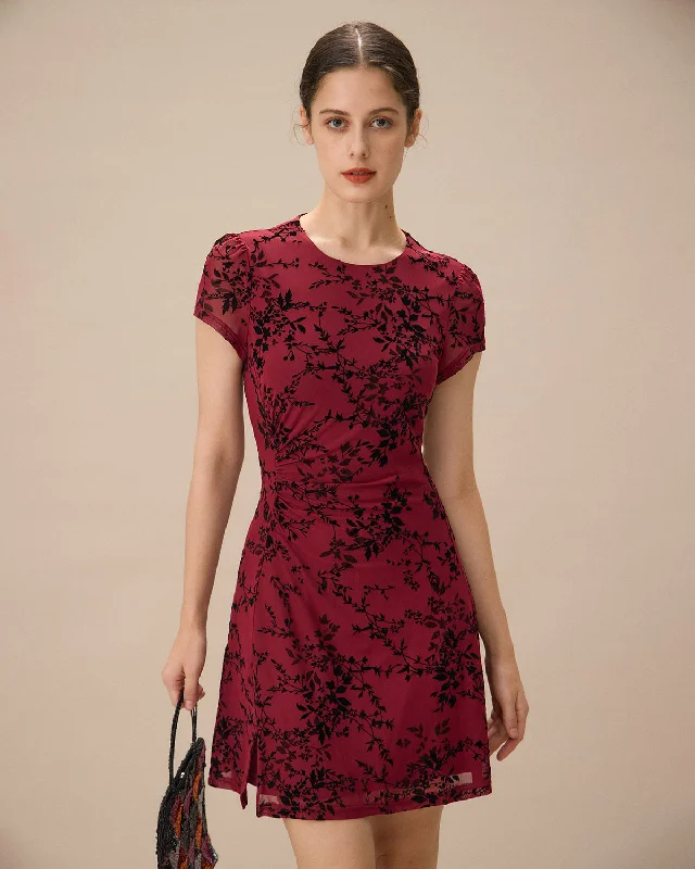 Velvet mini dresses for autumn weddingsRed Floral Boat Neck Mini Dress