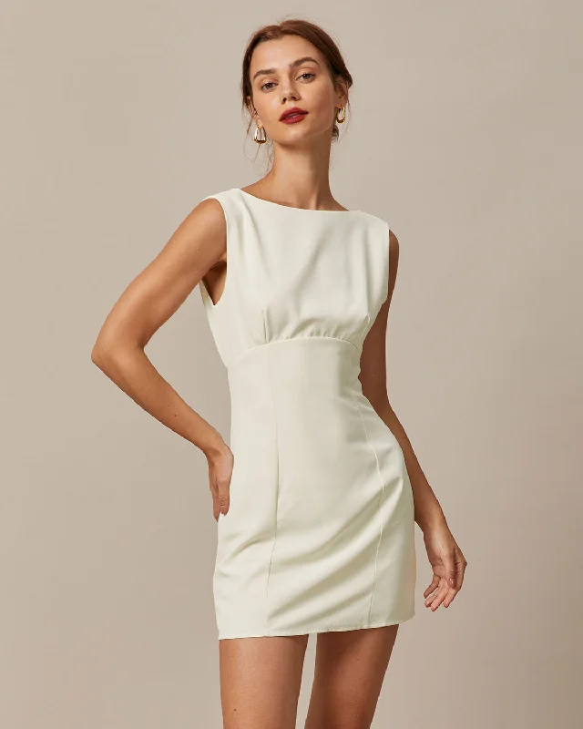 Mini dresses with ruched bodices for a feminine touchThe Beige Boat Neck Back Bowknot Mini Dress Mini dresses with ruched bodices for a feminine touchThe Beige Boat Neck Back Bowknot Mini Dress