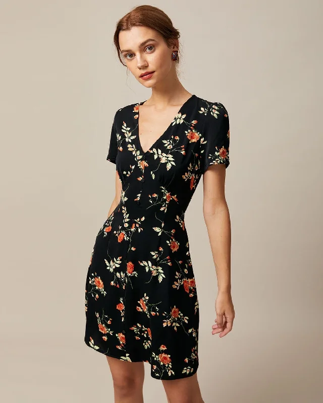 Mini dresses with gathered skirts for a voluminous effectThe Black V Neck Floral Button Up Mini Dress Mini dresses with gathered skirts for a voluminous effectThe Black V Neck Floral Button Up Mini Dress