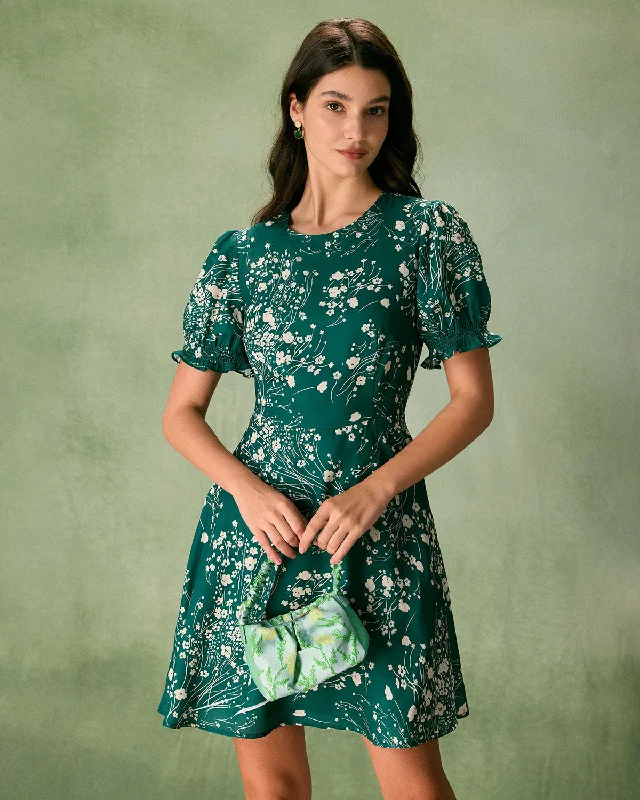 The Green Round Neck Floral Mini Dress