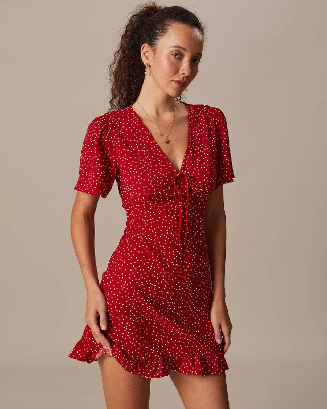 Polyester mini dresses for easy careThe Red V Neck Polka Dot Flounce Mini Dress