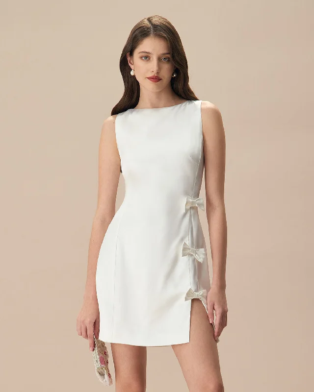 Strapless mini dresses for a beach vacationThe White Boat Neck Bowknot Satin Mini Dress Strapless mini dresses for a beach vacationThe White Boat Neck Bowknot Satin Mini Dress