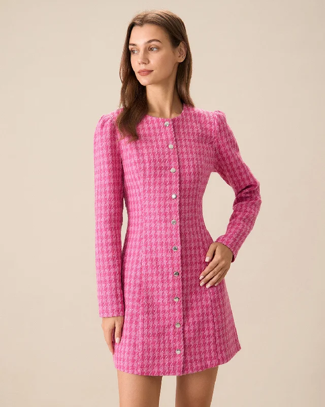 Cotton mini dresses for a comfortable everyday optionWomen's Pink Single-breasted Tweed Mini Dress Cotton mini dresses for a comfortable everyday optionWomen's Pink Single-breasted Tweed Mini Dress