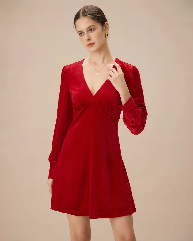 Red Velvet Puffed Sleeve A-Line Mini Dress