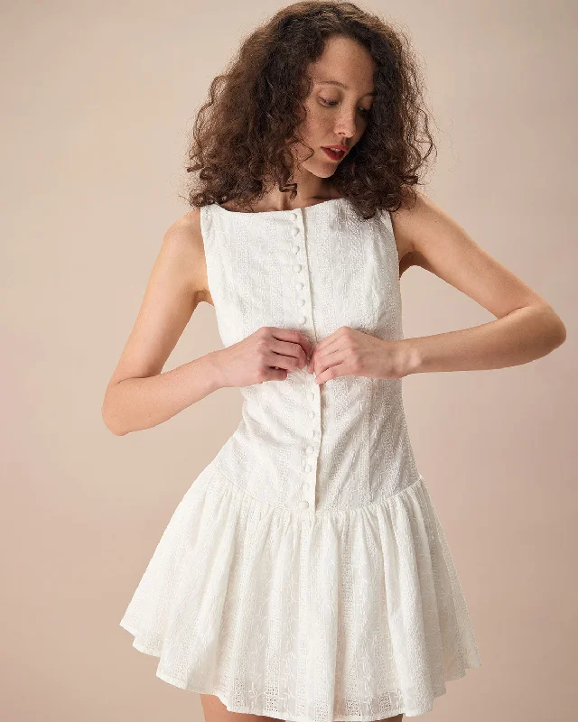 Mini dresses with asymmetric hems for a fashion - forward lookWomen's White Boat Neck Jacquard Cotton Mini Dress Mini dresses with asymmetric hems for a fashion - forward lookWomen's White Boat Neck Jacquard Cotton Mini Dress