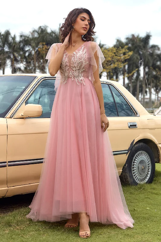 A Line V Neck Blush Long Prom Dress with Appliques