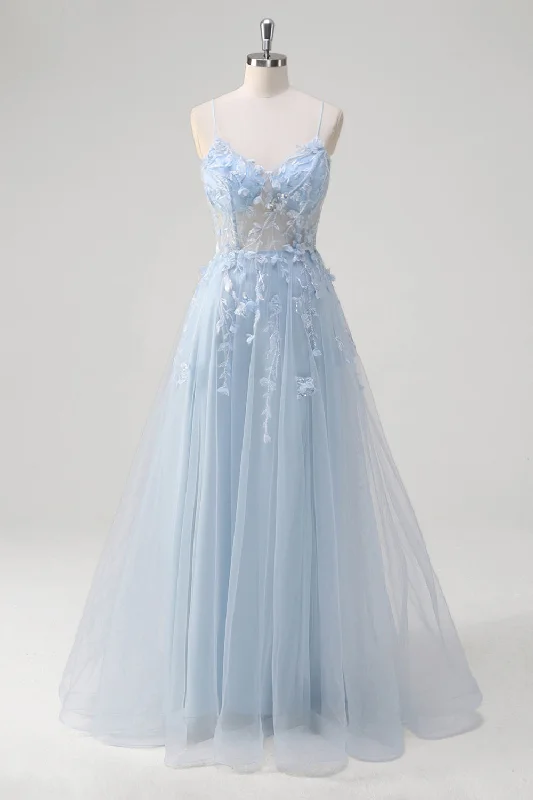 Ruffled cocktail dresses with a knee - length hem for a feminine appealBlue A Line Spaghetti Straps Appliqued Corset Long Prom Dress With Tulle
