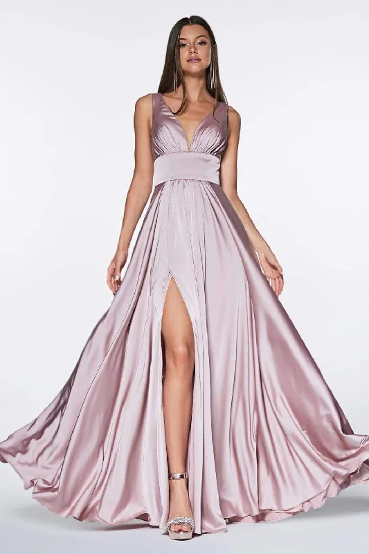 Polka - dot - printed wedding guest dresses with short sleevesCinderella Divine - 7469 V Neck High Slit Satin Flowy A-Line Dress Polka - dot - printed wedding guest dresses with short sleevesCinderella Divine - 7469 V Neck High Slit Satin Flowy A-Line Dress