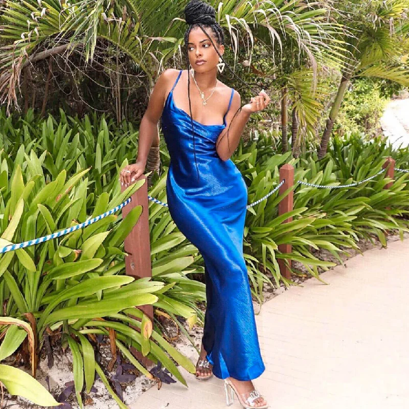 Cocktail dresses with a pom - pom trim and a short - sleeved styleBerryBetty - Classy Cowl Neck Tie String Silky Slip Maxi Dress - Blue Cocktail dresses with a pom - pom trim and a short - sleeved styleBerryBetty - Classy Cowl Neck Tie String Silky Slip Maxi Dress - Blue