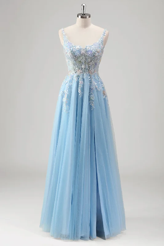 Mini cocktail dresses with a glittery finish for a party - ready styleLight Blue A Line Spaghetti Straps Corset Floral Appliqued Prom Dress with Slit Mini cocktail dresses with a glittery finish for a party - ready styleLight Blue A Line Spaghetti Straps Corset Floral Appliqued Prom Dress with Slit