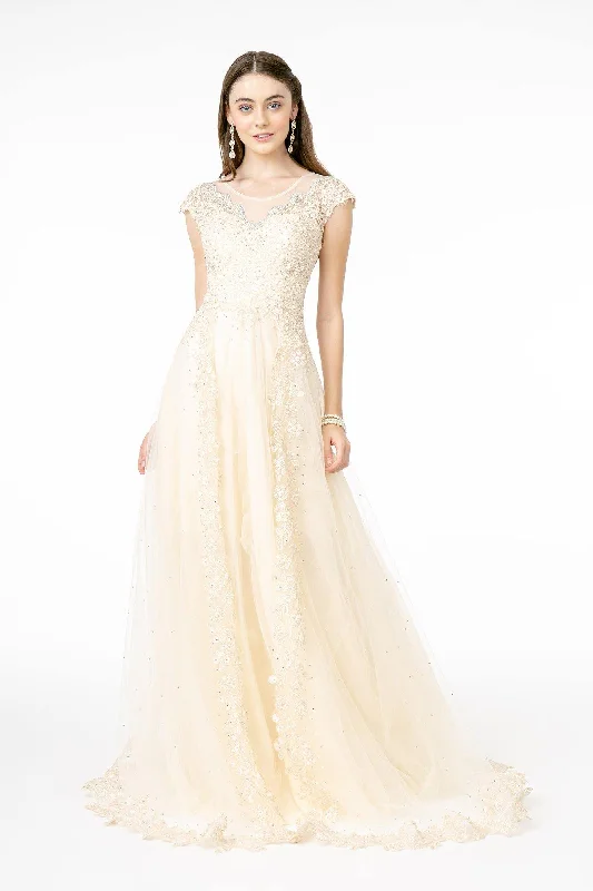 Wedding guest dresses with patchwork designs for a unique lookEmbroidered Mesh A-Line Long Dress with Sheer Back Wedding guest dresses with patchwork designs for a unique lookEmbroidered Mesh A-Line Long Dress with Sheer Back