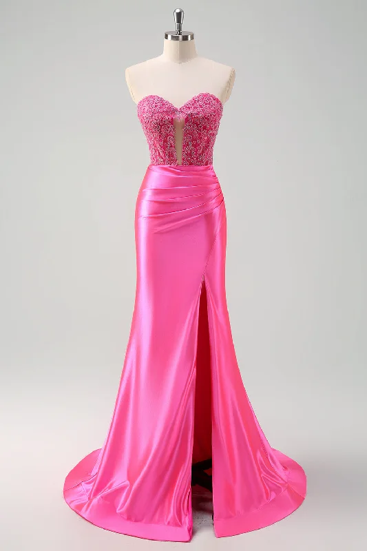 Fuchsia Sweetheart Mermaid Satin Long Corset Prom Dress with Appliques