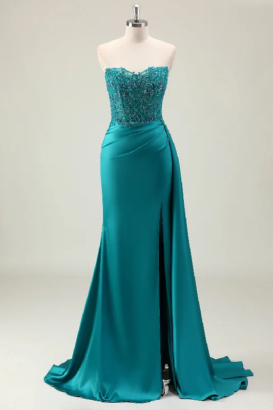 Green Sheath Sweetheart Corset Beaded Long Prom Dress with Appliqued Lace