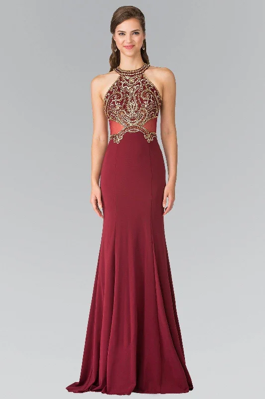 Wedding guest dresses with gathered skirts and V - necklinesLong Prom Dress with Sheer Back Formal