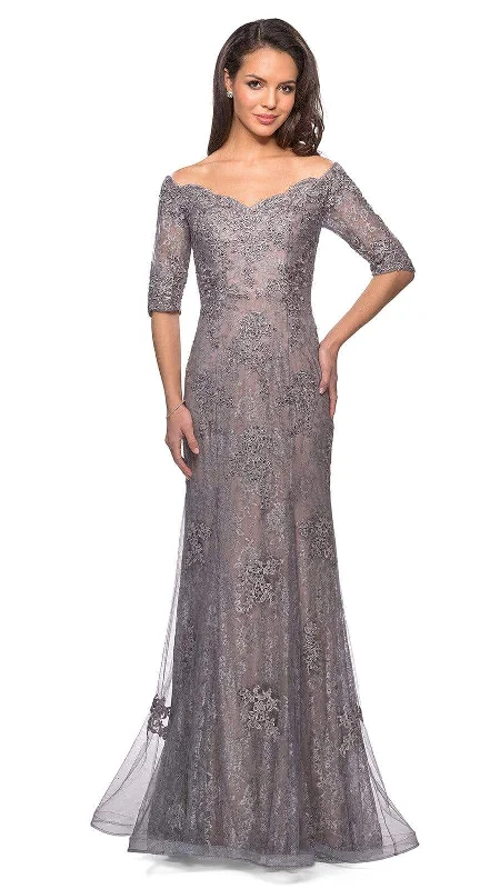 Long - sleeved wedding guest dresses in velvet for a winter weddingLa Femme - 24866 Lace Embroidered Mother of the Groom Gown Long - sleeved wedding guest dresses in velvet for a winter weddingLa Femme - 24866 Lace Embroidered Mother of the Groom Gown