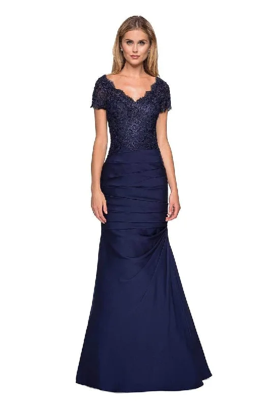 Wedding guest dresses with empire waists and tulle skirtsLa Femme - 26979 Short Sleeve Lace Bodice Pleated Trumpet Gown Wedding guest dresses with empire waists and tulle skirtsLa Femme - 26979 Short Sleeve Lace Bodice Pleated Trumpet Gown